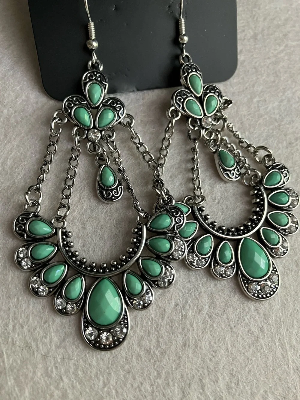 Green bead and crystal rhinestone chandelier earrings